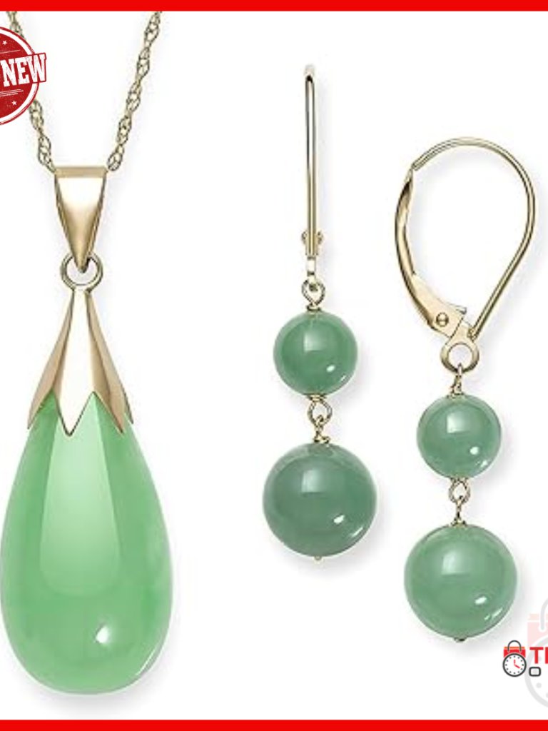 10k Gold Jade Pendant Necklace With 14k Gold Drop Earrings Set